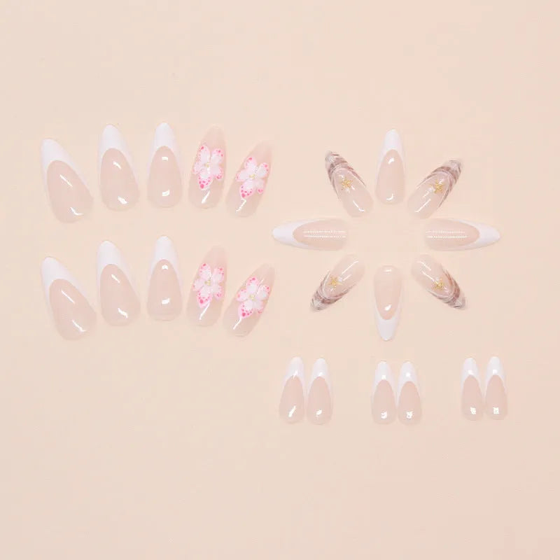 W1764 Simple Flower French style false nails with rock pattern patch on plastic tray.