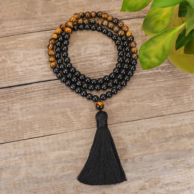 Tiger eye stone tassel pendant on ball bead chain necklace with national style design