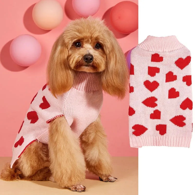 Red love heart pattern dog sweater on small canine model