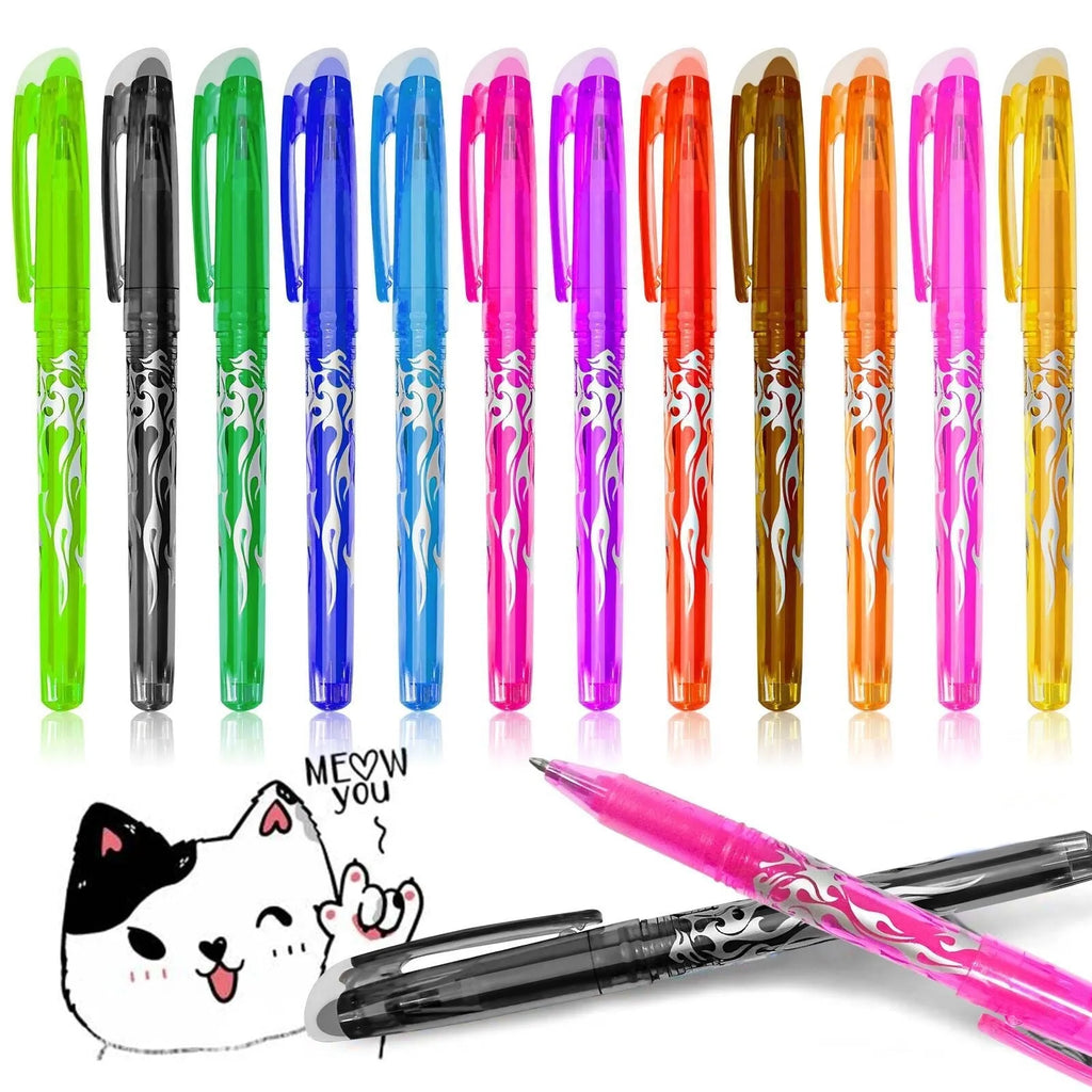 Pack of hot-erasable gel pens with plastic shells and stainless steel tips, showing 0.5mm and 0.7mm nib options.