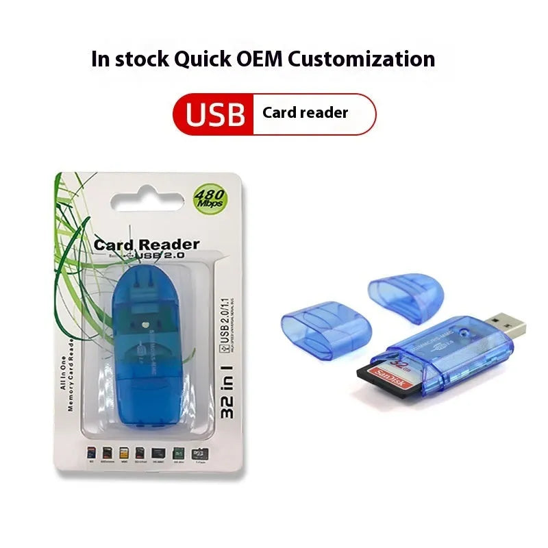 Transparent plastic USB card reader with optional LED light, card holder, and storage bag.