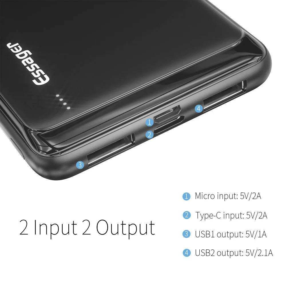 Essager Small Jane black and white 10000mAh portable power bank with LED indicator lights