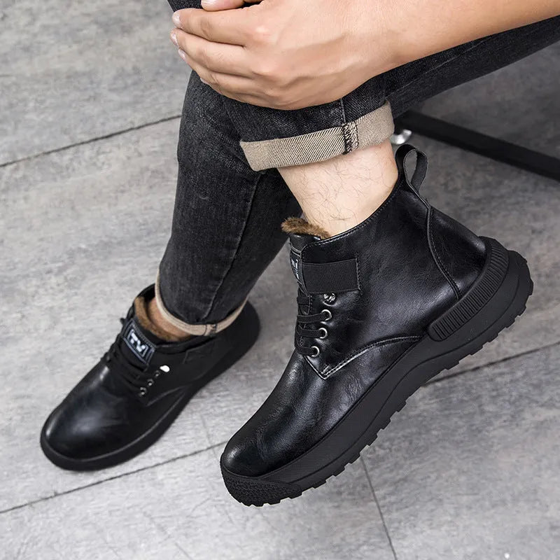 Men's black high-top Martin platform boots with velvet finish and rubber sole.