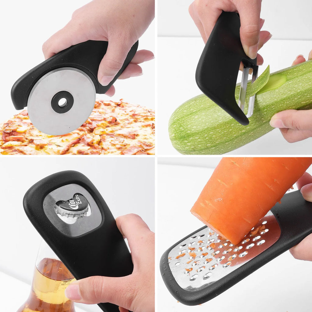 Six stackable kitchen tools and a cleaning brush in a modern colour box.