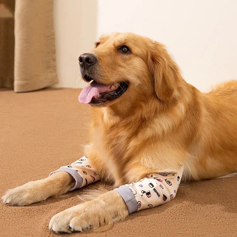 Blue dog knee protector sleeve with padded elbow patch and matching scarf, showing plastic buckle adjustment.