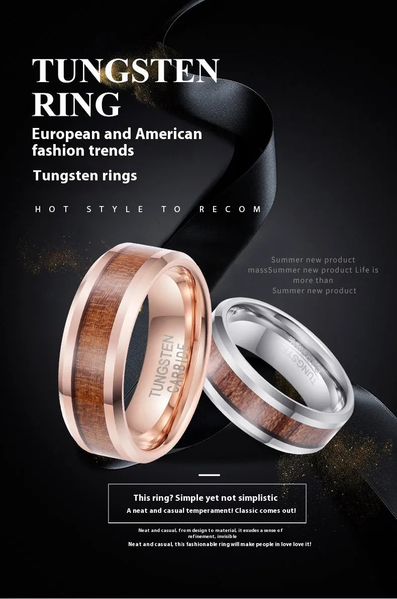 Men's tungsten ring with hair texture design in Ugyen, shown in rose gold and steel electroplated finishes.