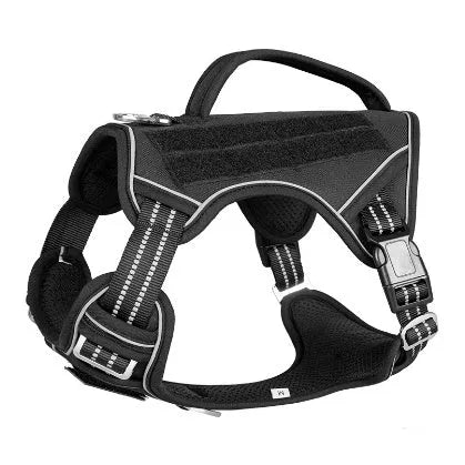 Search and rescue patrol working dog wearing tactical chest strap harness in olive green Oxford cloth