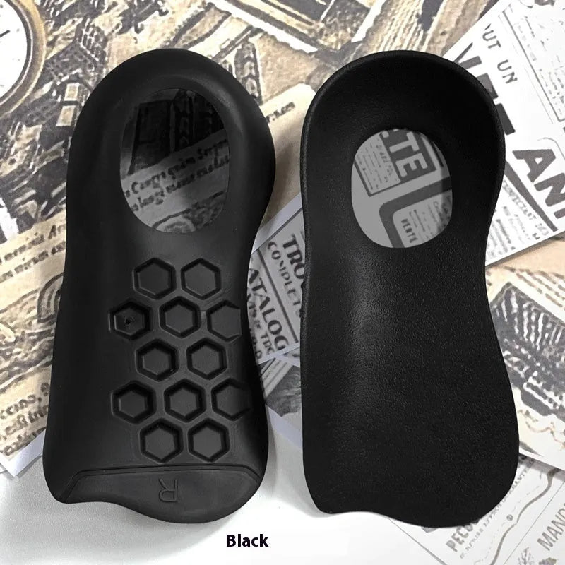 A pair of TPR varus correction insoles with arch support in black, white, and skin colour options.