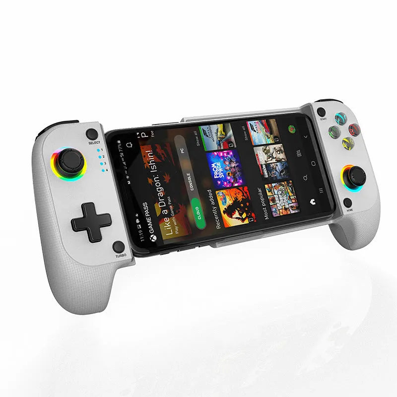 Black Bluetooth mobile game controller with telescopic arms stretched open, ready to hold a smartphone.