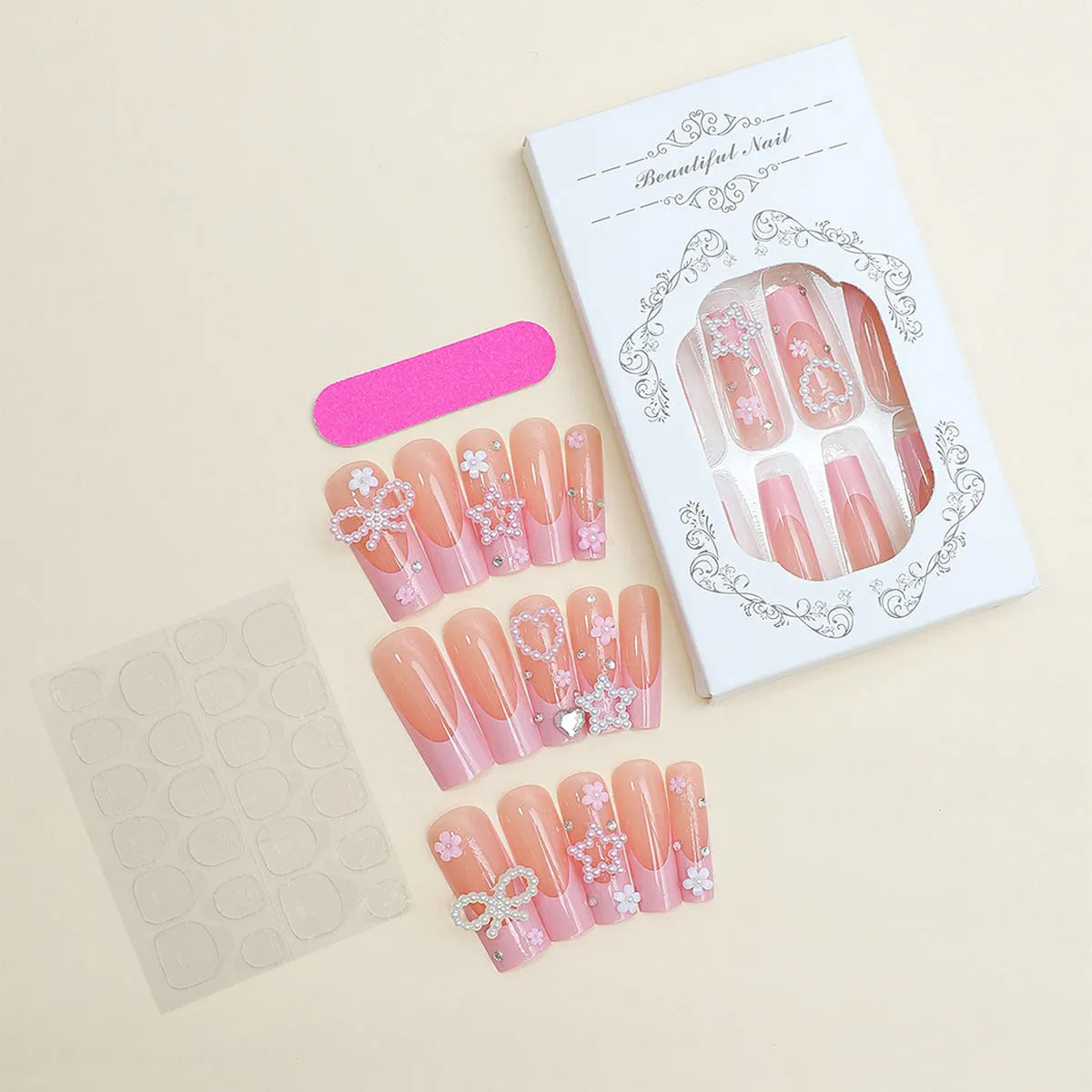 Super long water pipe shaped false nails with French spot and drill bow design in XB-70-48 pink.