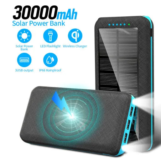 Portable power bank with wireless charging surface and USB ports in black colour