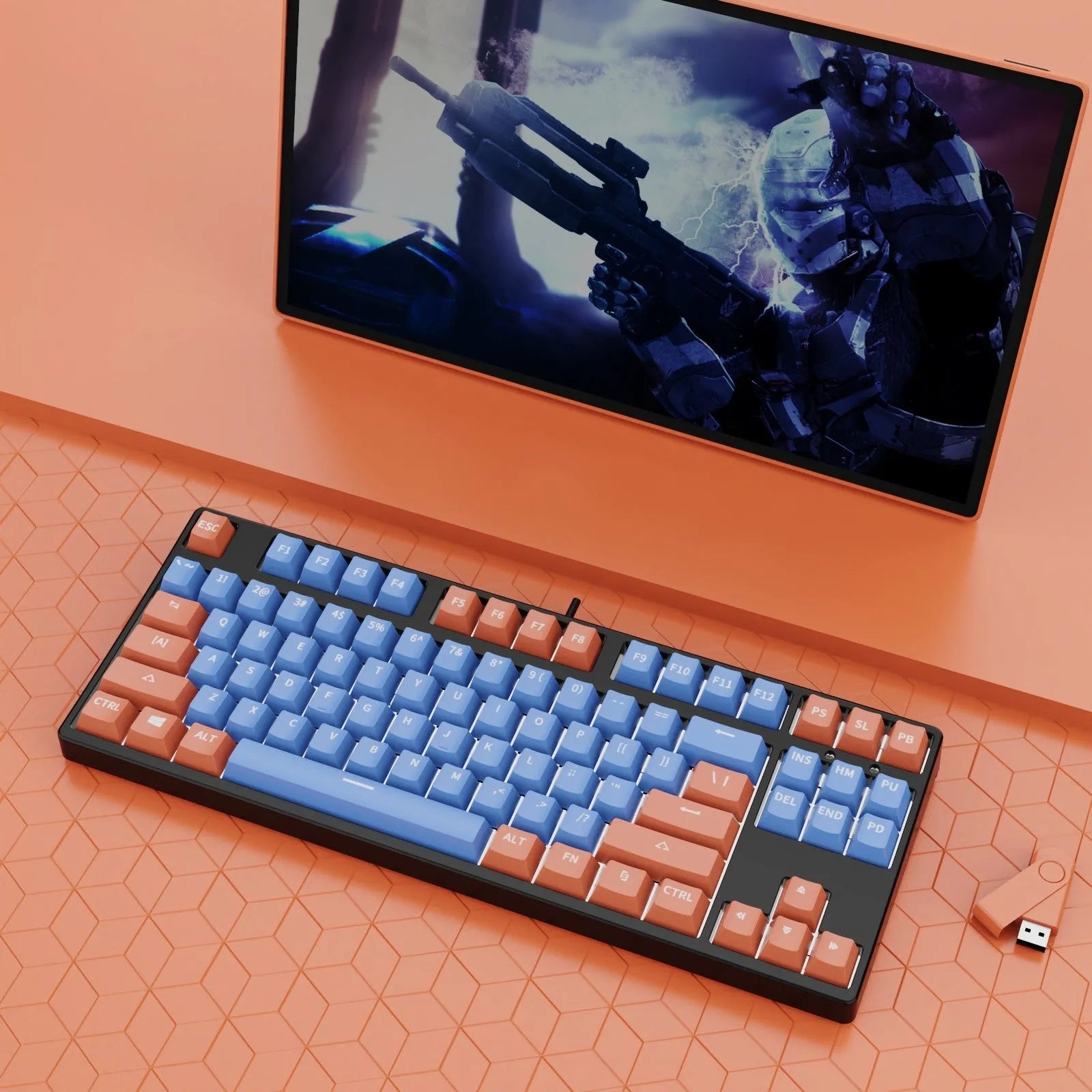 87-key wired mechanical keyboard with two-tone keycaps in orange and yellow colour combination