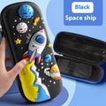 3D leather pencil case showing embossed astronaut and dinosaur design options.