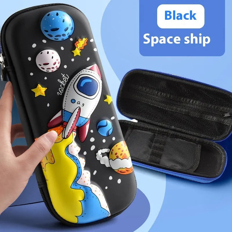 3D leather pencil case showing embossed astronaut and dinosaur design options.