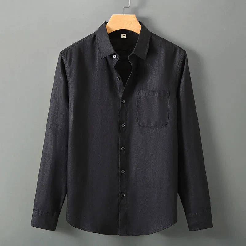 Long sleeve linen cardigan shirt in Chinese style, shown in a loose fit on a person.