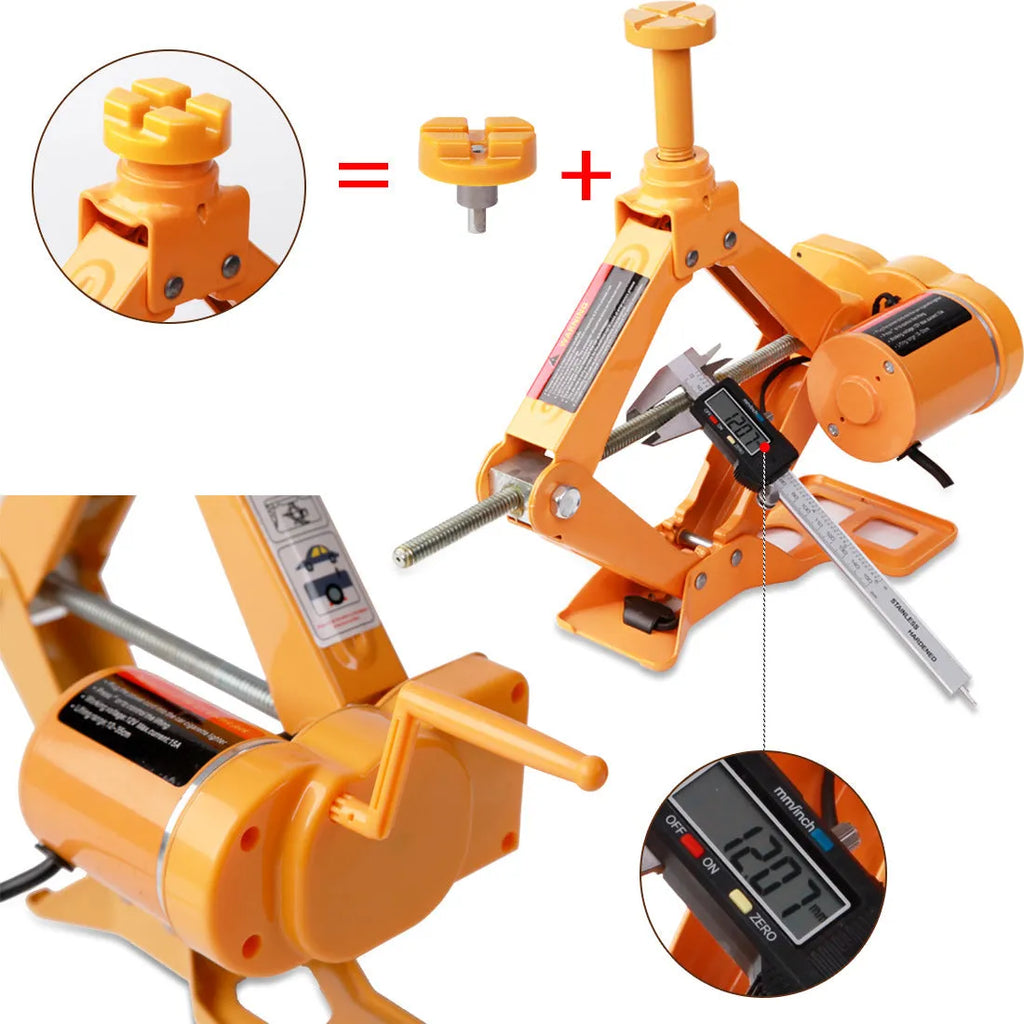 Yellow electric car jack set with wrench in carrying case for roadside tyre changes