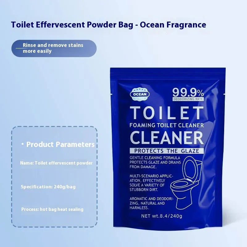 Toilet bubble powder in blue ocean or pink floral scent, in a large bag or box of 5 sachets, for descaling and anti-blocking.