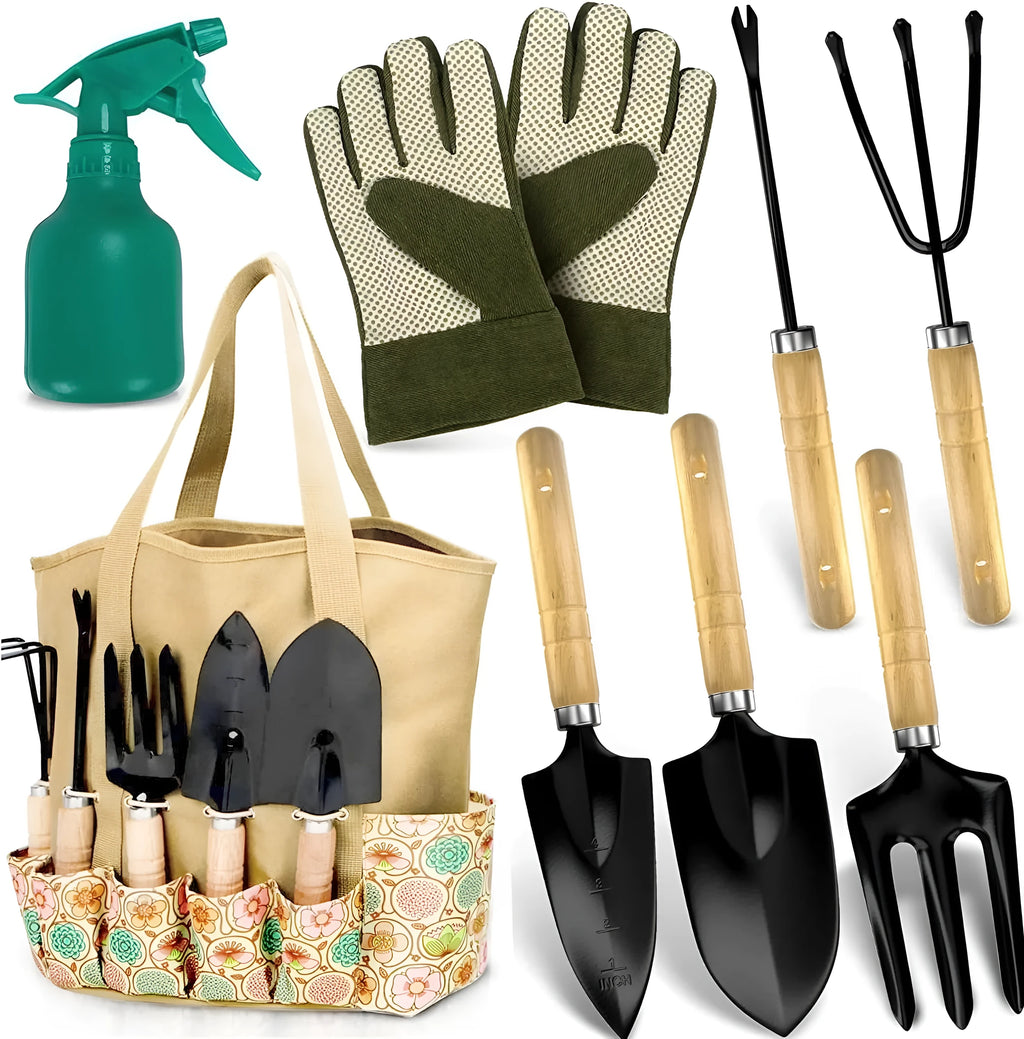Stainless steel gardening tool set with eight pieces for garden use.