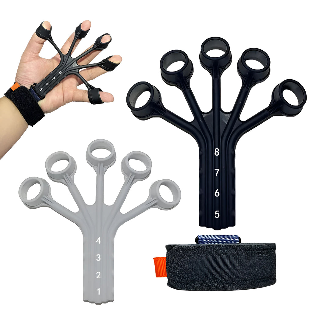 HLX silicone finger tension trainer with puller, tension ropes, and adjusting belt for hand exercises.