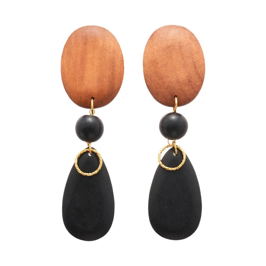 Wooden retro earrings with ellipse design in brown black colour European American style