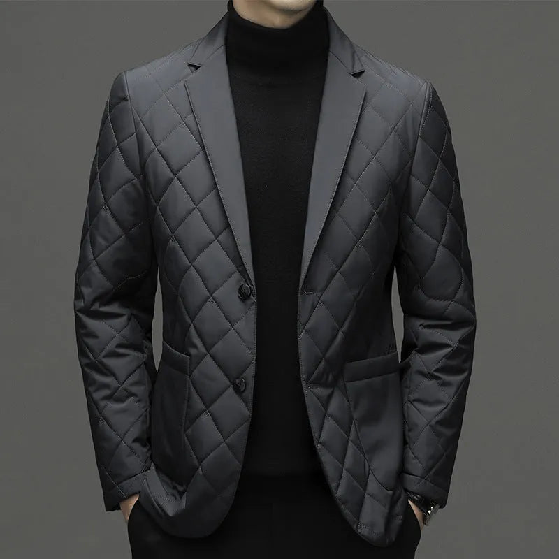 Men's black cardigan-style winter down jacket with lapel collar and side seam pockets.