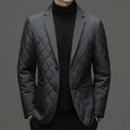 Men's black cardigan-style winter down jacket with lapel collar and side seam pockets.