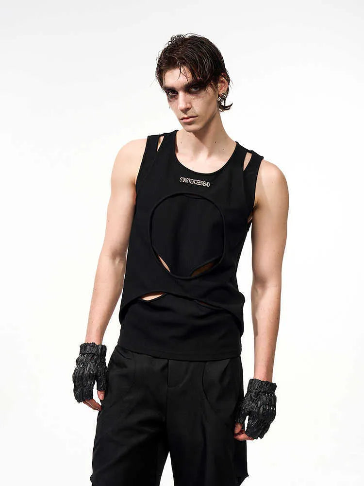 Men's loose sleeveless waistcoat with hollow white thread design in black colour
