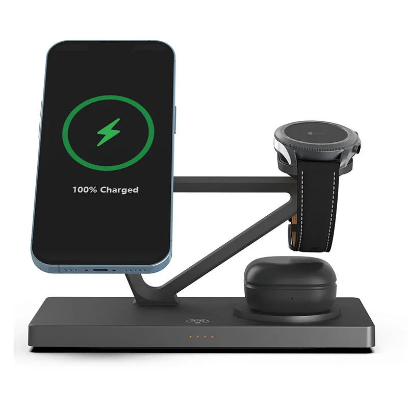 White five-in-one wireless charging night lamp showing magnetic phone bracket, circular charging base, watch pad, and background illumination