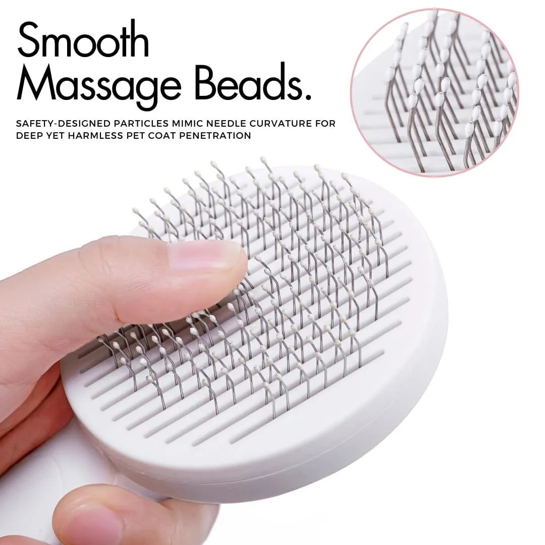 Blue self-cleaning slicker brush for pet grooming with ergonomic rubber handle.