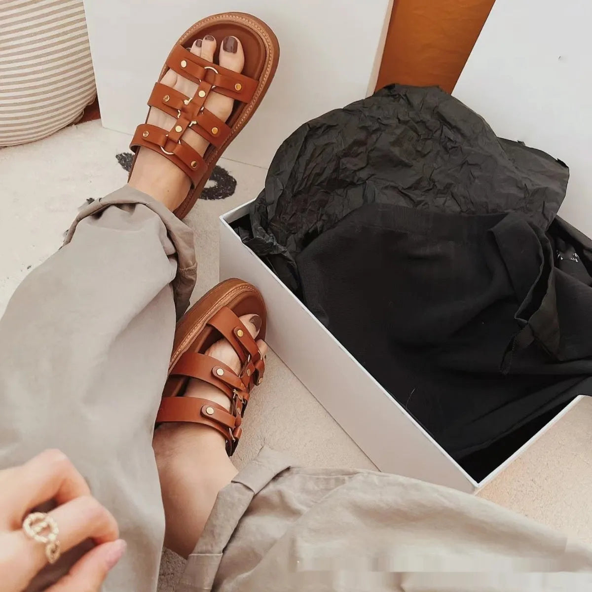 Women's retro Roman style sandal slippers with patent leather finish and sheepskin upper in solid color