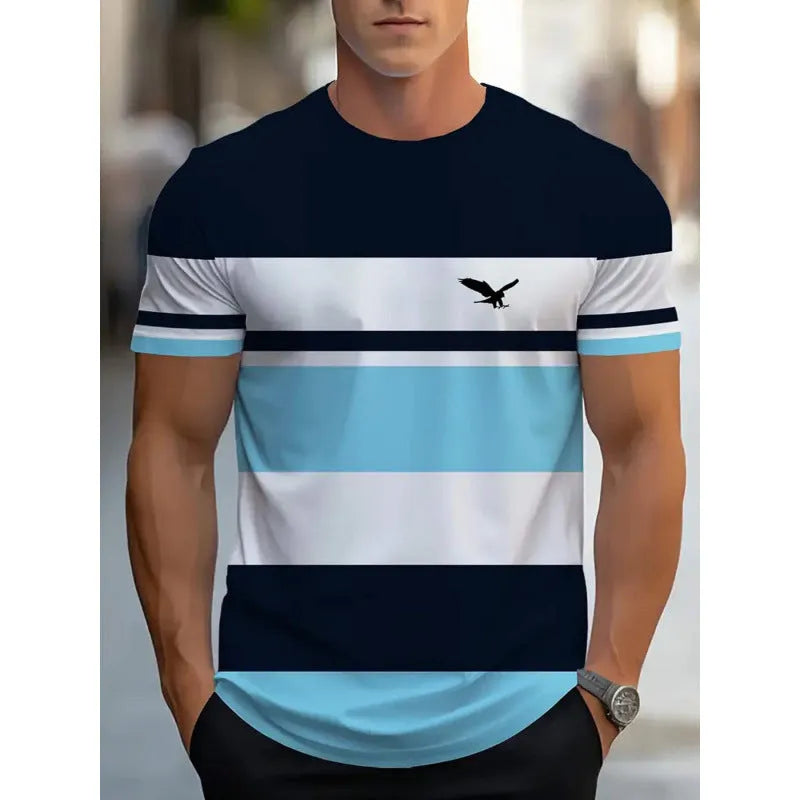 Men's loose fit short-sleeve T-shirt featuring a digital 3D printed stripe pattern in various colours.