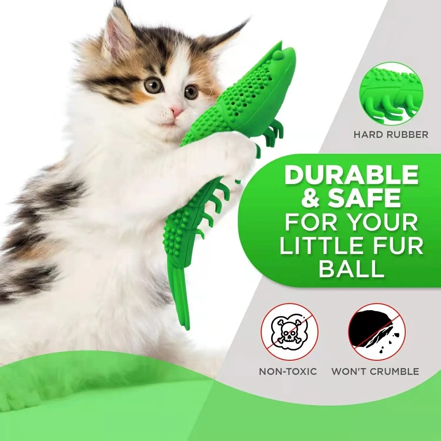 Blue hard rubber catnip chew toy with dental cleaning texture and interactive bell