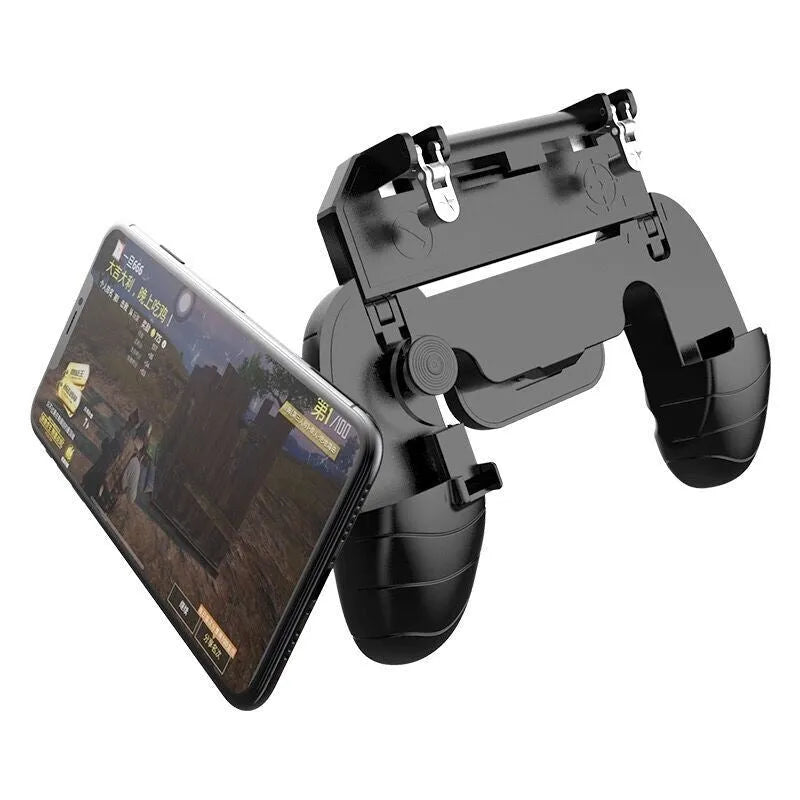 Universal mobile game handle in black showing adjustable phone clamp and dual analogue sticks.
