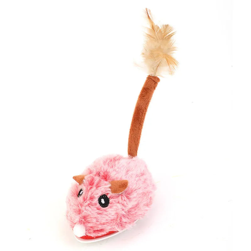 Electric cat toy with plush mouse on pole, available in pink, purple or dark grey