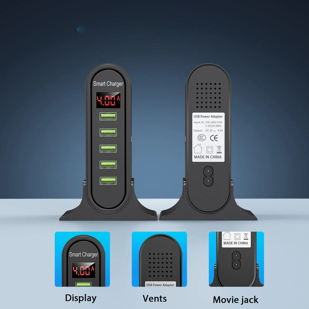 Smart LED digital display USB wall charger in black and white, showing dual ports and voltage readout.