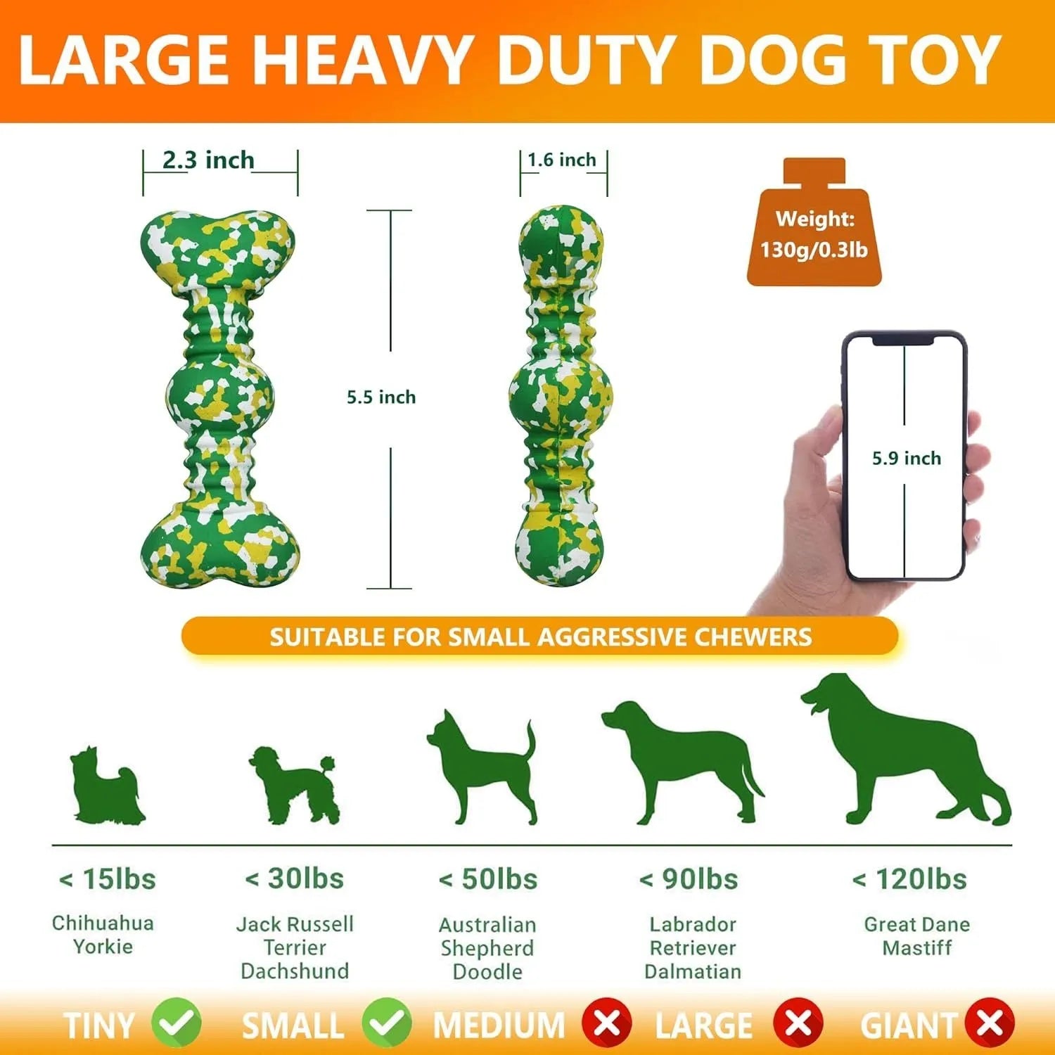 Natural rubber dog chew toy with camouflage pattern in green, white, and yellow colours