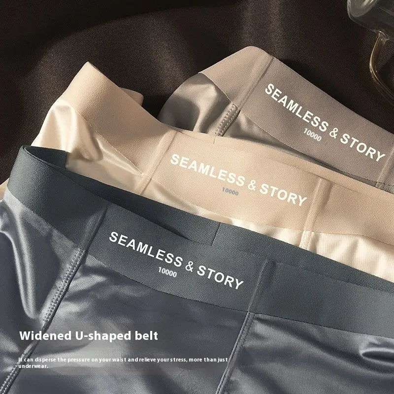 Men's ice silk underwear in mid-waist satin knit design showing coffee, light grey, white and blue colour options