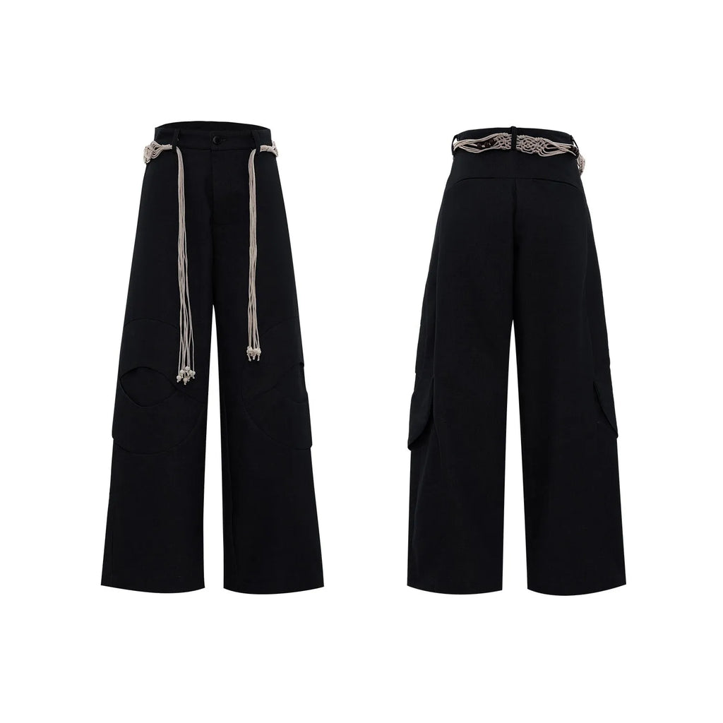 Men's dark blue loose fit straight leg jeans with zipper decoration and belt stitching detail.