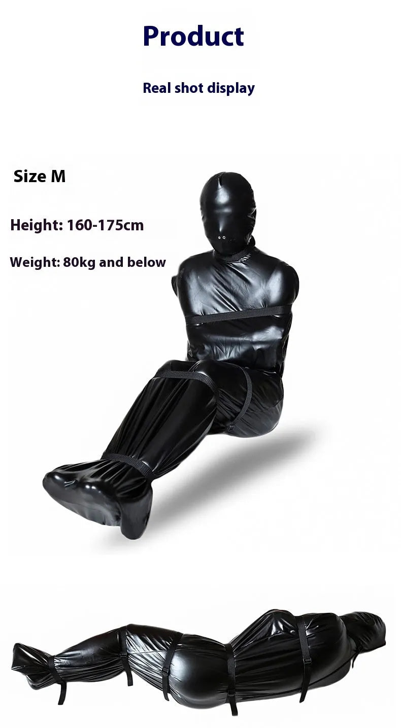 Black patent leather bondage set with full body wrap and six ratcheting tie down straps