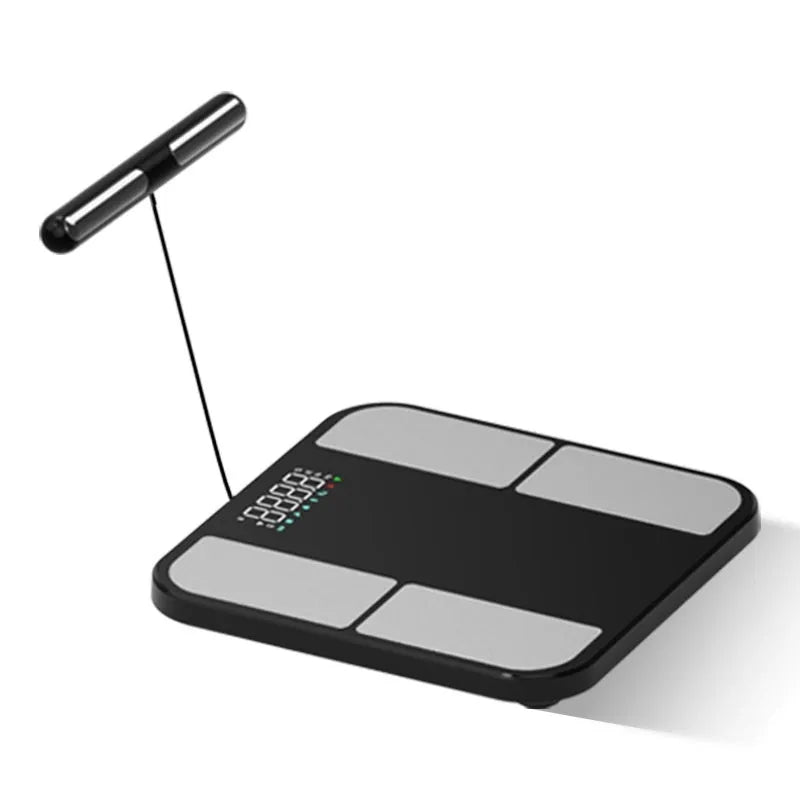Black electronic body fat scale with tempered glass platform and colour screen display