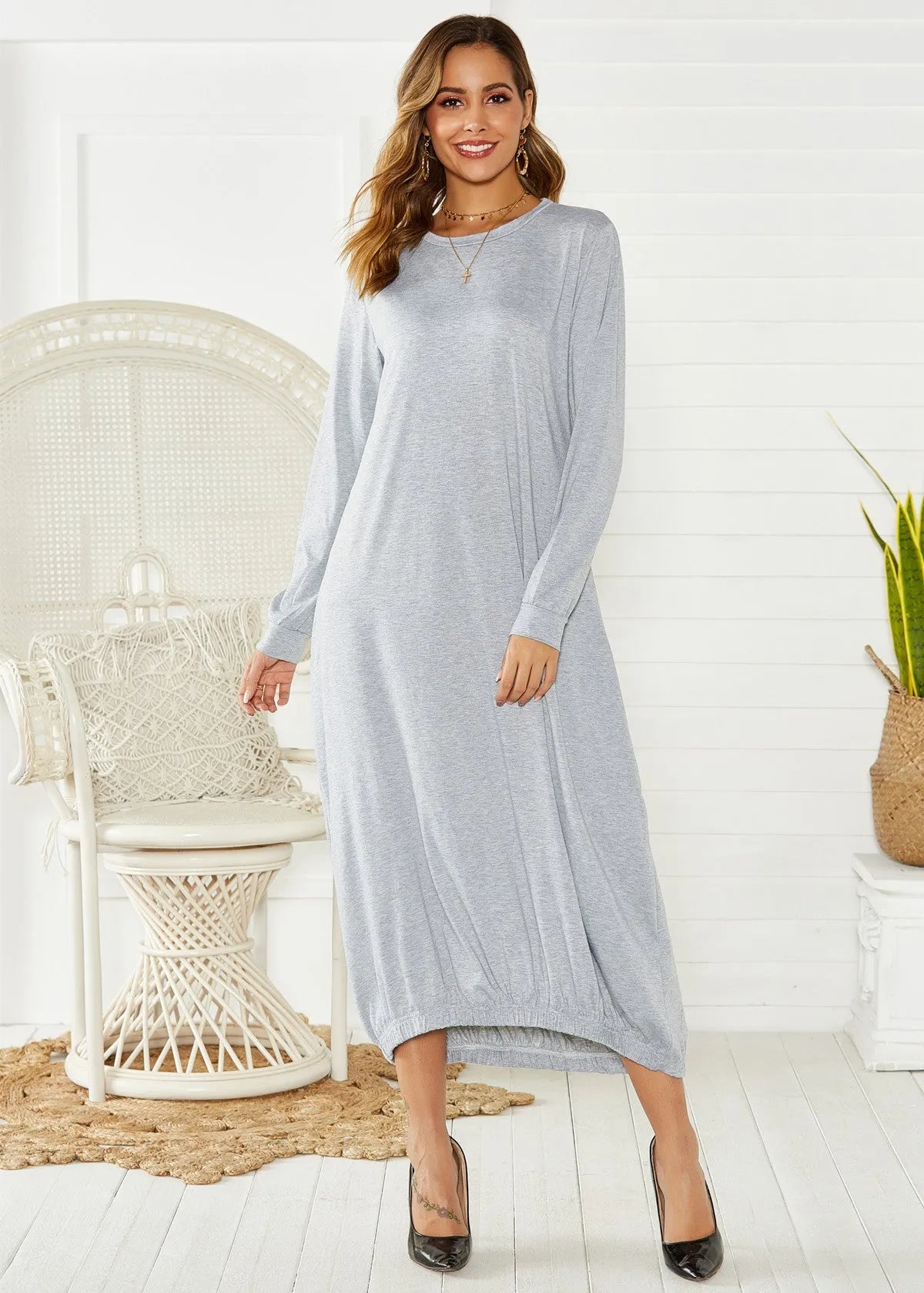 Black loose lantern dress with lace-up crew neck, knit polyester casual style