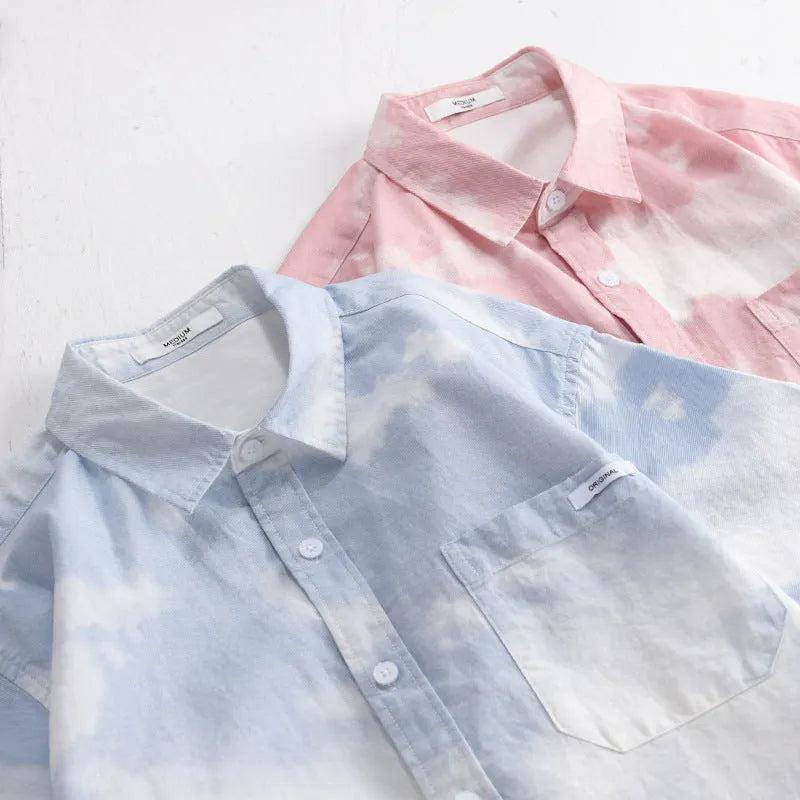 Men's light pink pure cotton short-sleeved shirt with loose cardigan-style fit