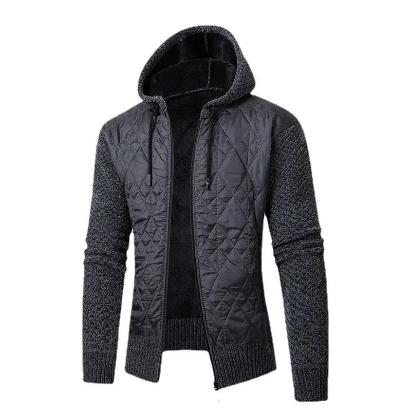 Men's grey hooded corduroy sweater coat with cinched cardigan styling
