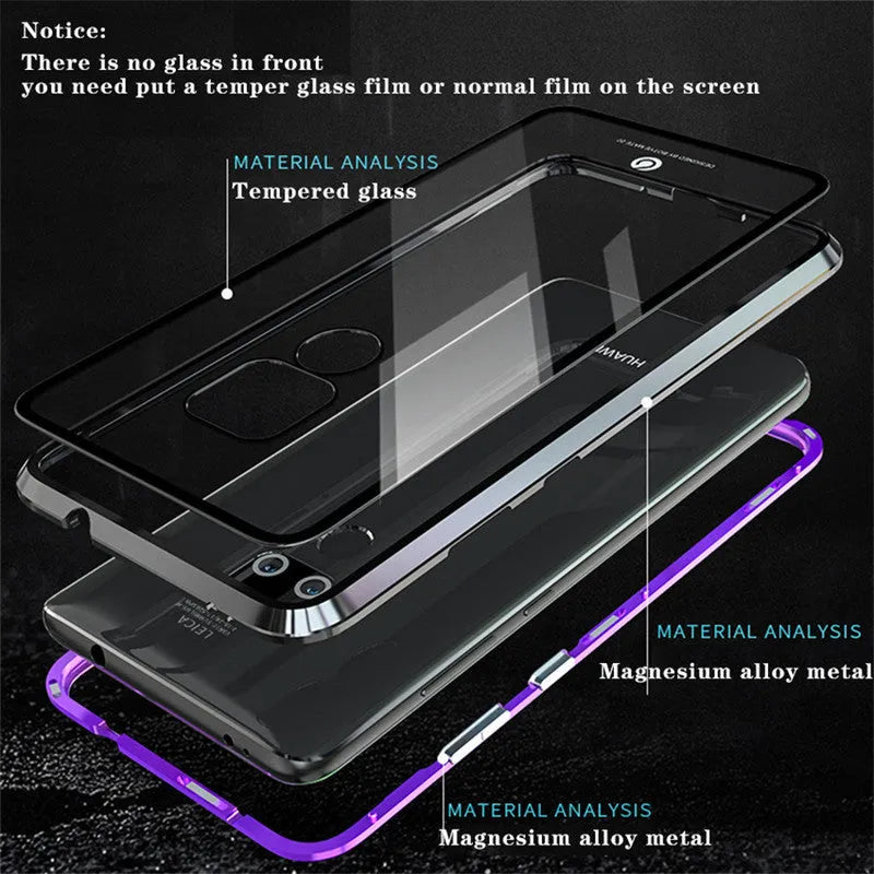 Magnetic Huawei phone case with metal frame and clear glass back showing phone design