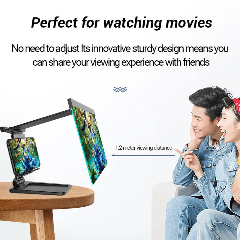 Black folding mobile phone screen amplifier and adjustable holder on a desktop, magnifying a smartphone display.