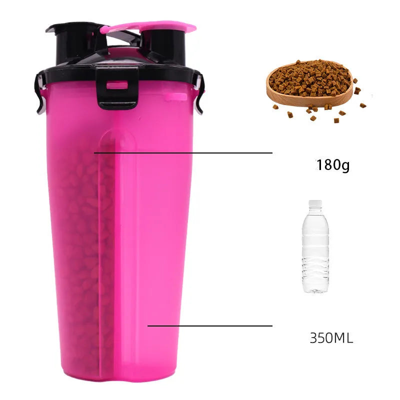 Portable white and red dog water and food cup with separate compartments for outdoor use