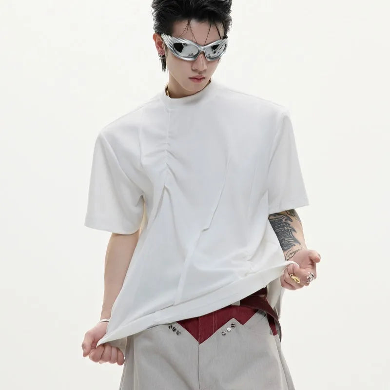 Men's white cotton T-shirt with three-dimensional pleated design and asymmetric stitching details