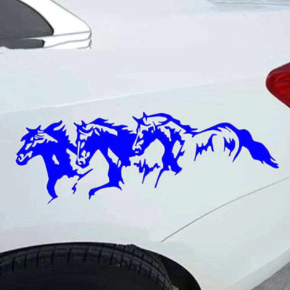 Three Horses steed design car sticker measuring 25 by 8 cm in black, white, red, and blue colour options.