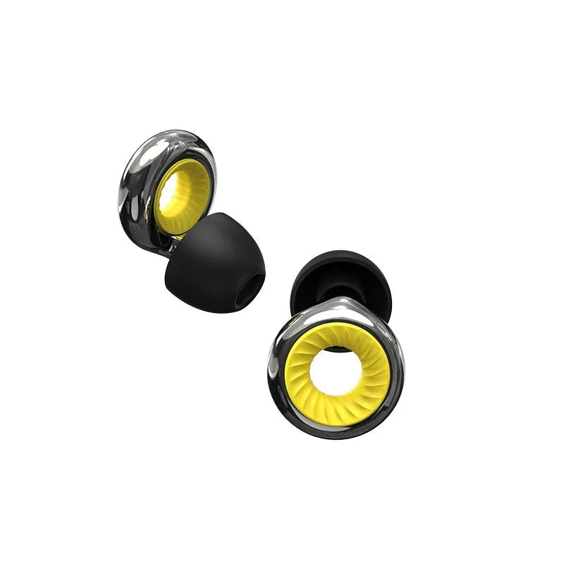 Noise reduction sleep earplugs in gold, silver, transparent, purple and rose gold colours with storage box.