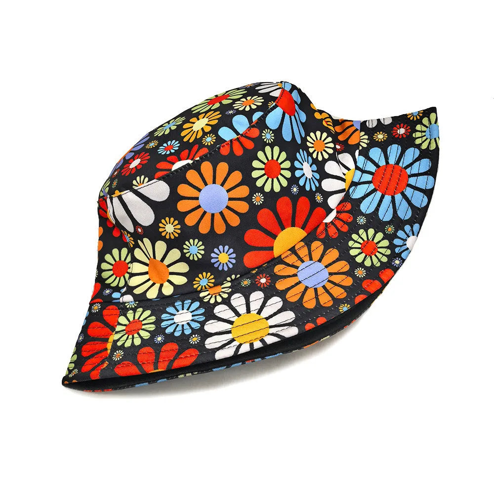 Colourful floral pattern polyester bucket hat with a dome crown on a neutral background.